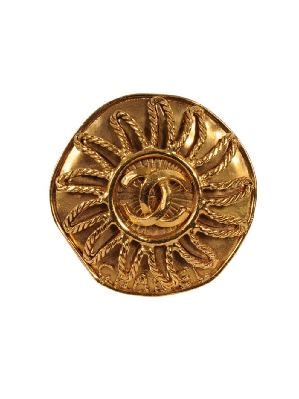 Chanel Vintage 1990s Medallion CC Logo Sun Gold Plated Brooch Brooche Pin Karl